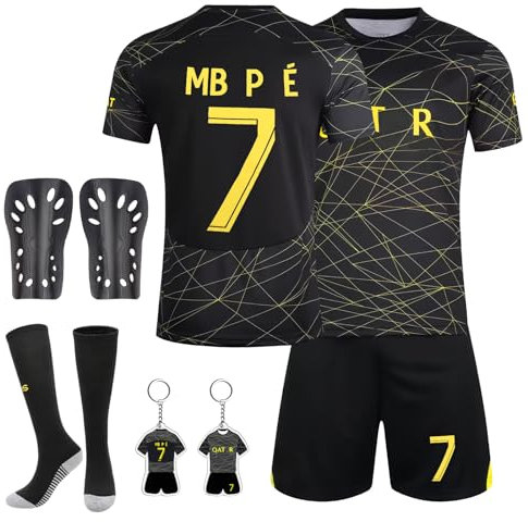 Kids Football Kit 2023/24 Home and Away - Training Shirts With Shorts, Socks, Guard Plate and Keychain - No. 7 Black and Gold Jerseys Gifts for Boys