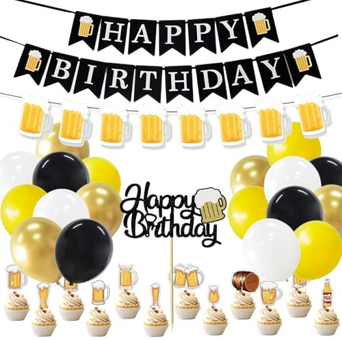Bier Geburtstag Deko HAPPY BIRTHDAY Banner Weizen Bier Girlande Kuchendeko Tortenaufsatz Luftballons Geburtstagsset Latexballon Dekoration für Männer