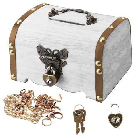 GOIEHIR Cofre del Tesoro de Madera Pequeño, Cofre del Tesoro con Candado de Aspecto Vintage, Cofre del Tesoro de Madera Blanco con Tapa, para Almacenaje y Decoración y Fiestas de Cumpleaños Infantiles