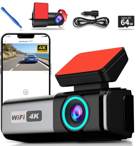 Dash Cam Front and Rear, 4K+1080P HD Dash Camera for Cars, 360° Rear Camera, One-Click Photo, Built-in WiFi, Free 64GB Card, WDR, G-Sensor, Night Vision, 24H Parking Monitor