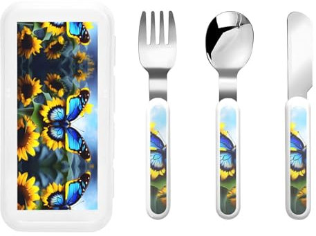 Sunflower Blue Butterfly Kindergeschirr 3-tlg. Set, wiederverwendbares Besteckset mit Messer, Gabel und Löffel, tragbares Kindergeschirr zum Schutz von Lebensmitteln