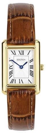 Sekonda Klassische Colette Damenuhr 22mm in gold mit braunem Lederband und weißem Zifferblatt