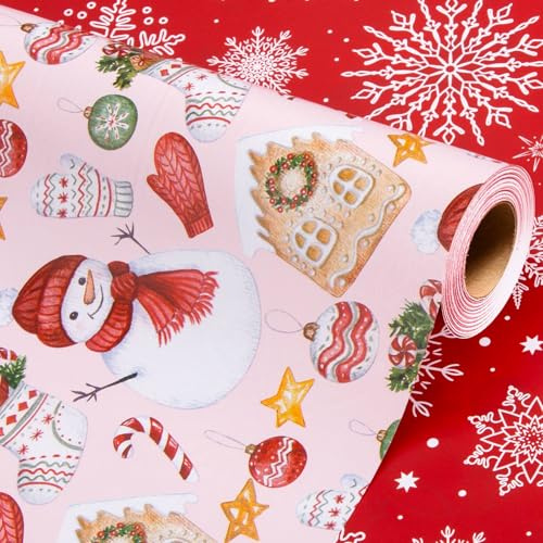 Wikadlik Weihnachts Geschenkpapier Minirolle Pink mit niedlichem Lebkuchenhaus Muster für Winter, Feiertage, DIY und festliche Anlässe – 43cm x 10m