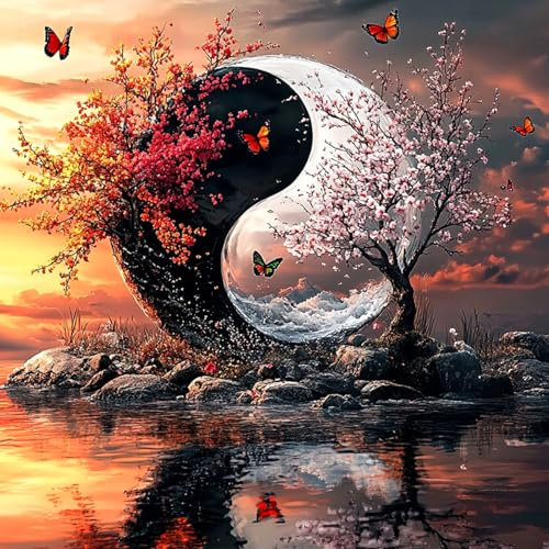 DAERLE Peinture Diamant 5D DIY, Diamond Painting Nature Yin et Yang, Kit de Broderie Strass par Numéros pour Décoration Murale - Art Créatif pour Adultes, 30x30 cm, Arbre de Vie