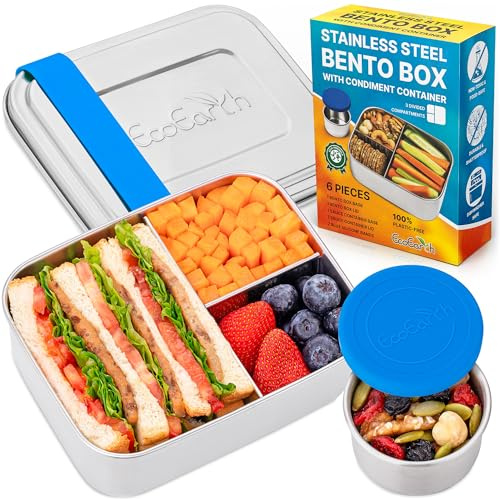 EcoEarth - Caja bento de acero inoxidable - Juego de 4, 800 ml, azul - Fiambreras herméticas para adultos con 3 compartimentos - Pequeños recipientes de hojalata con tazas para condimentos