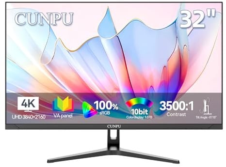CUNPU Monitor de computadora 4K UHD (3840 x 2160) de 32 pulgadas, panel VA, sRGB 100%, color 1.07B, relación de contraste 3500:1, VESA 75 x 75 mm, PIP/PBP, HDMI, puerto de visualización, cuidado de