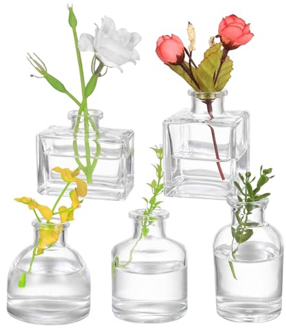 5 Stück Kleine Vasen für Tischdeko, Kleine Glasvasen, Blumenvasen, Gläser Tischvasen Set, Mini Vasen, Minivasen für Table Centrepieces Festivals Home Decoration Geburtstag Hochzeitsdeko