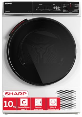 SHARP KD-WNHB0S9GWC-DE Wärmepumpentrockner (10 kg, EEK C), (15 Trockenprogramme, 20 Min. Kurzprogramm, WiFi, Edelstahltrommel mit LED-Beleuchtung), Weiß