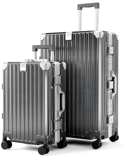 ALPHA CAMP Kofferset 2 Teilig Koffer Set M XL Suitcase Set mit TSA Schloss | Vor Allem Polycarbonat Aluminium Rahmen Hartschalenkoffer Set Groß mit Rollen Handgepäck Luggage Set Grau Reisekoffer Reisen