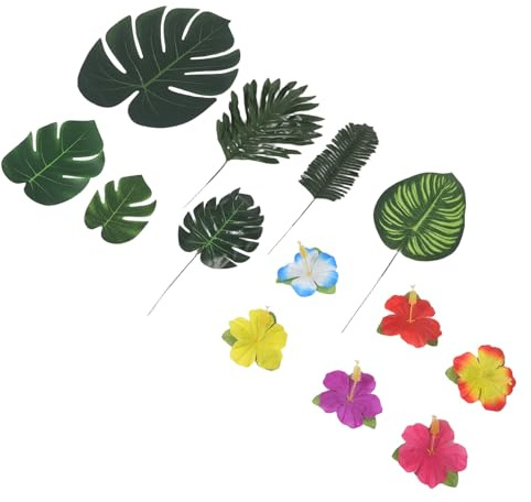 ELAYARD 112pcs Hawaiian Tropical Party Decorations Set with Artificial Palm and Monstera Leaves, Fake Hibiscus Flowers for Luau Beach Table and Birthday Theme Decor