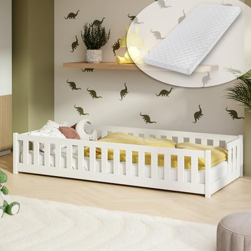Kids Collective Kinderbett Bodenbett mit Rausfallschutz Lattenrost und Matratze Montessori Bett Bed Gitterbett Kinder Jugendbett Einzelbett | 80x160 cm | Weiß