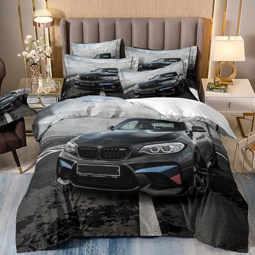 Bettwäsche 135x200 Sportwagen Auto Druck, Kuschlig Weich Mikrofaser, Car Rennauto Bettwäsche-Sets für Junge Teenager, Rennwagen Bettbezug 135x200 + 2 Kissenbezüge 80x80 mit Reißverschluss A5