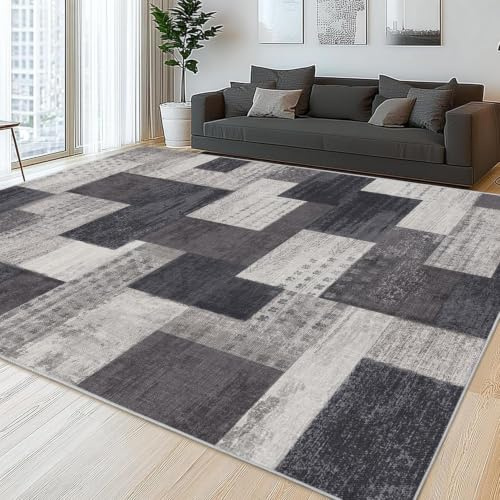 Calinline Anthrazit Großer Kariert Wohnzimmer Teppich, 160x230 cm | Kurzflor Gegend Teppich Wohnzimmer, Rutschfester Teppiche Schlafzimmer, Modern Muster Geometrisch Indoor Patchwork Carpet