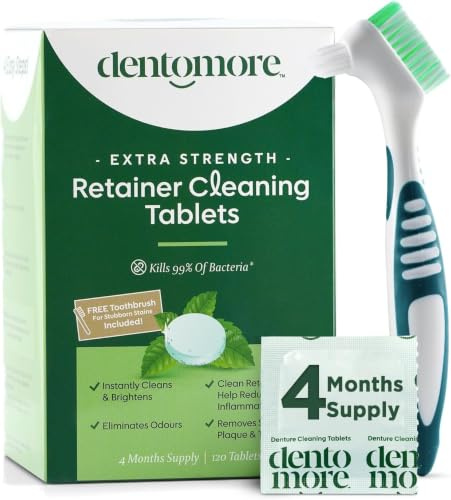 Dentomore Retainer Cleaner Tablets 4 Months Supply 120 Tabs, Eliminate Odour & Stains - Mouth Guard Cleaning Tablets - Potent Denture Cleaning Solution with Bonus Special Toothbrush