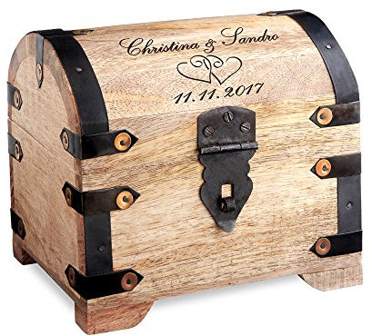 Casa Vivente Scrigno in Legno Chiaro con Incisione Personalizzata con Nomi e Data, Motivo Cuori, Forziere Vintage, Idea Regalo Nozze