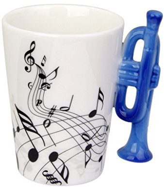 1x Blue Trumpet Handle Mug Cup Porcelain Coffee Milk Cup Music Note Ceramic