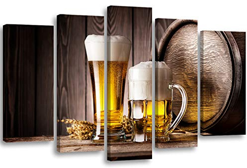 Feeby Bilder Fass Bier Glas XXL 5-Teilig Typ A 100x70 cm 1 Teilig Wohnzimmer Schlafzimmer Büro Flur Küche Wandbilder Leinwandbilder Modern Wanddekoration Kunstdruck Design Bier Alkohol Essen Rustikal