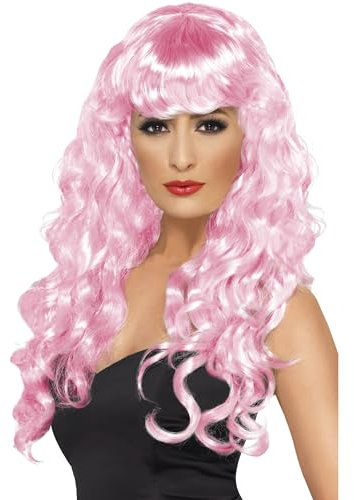 Smiffys Sirene Perücke, Rosa, Lang, Lockig mit Pony
