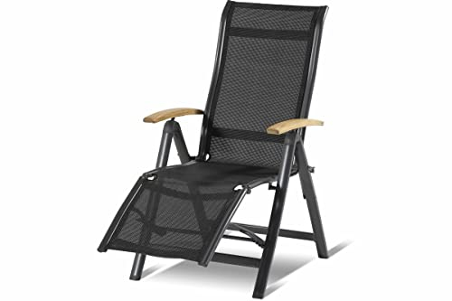 Hartman Alice Relaxsessel in edlem Xerix-Black, solides Aluminiumgestell, Liegefläche aus hochwertigem Textilen, 95 x 60 x 111 cm, Kopfteil verstellbar, Teakholz-Armlehnen, Bodenschoner, wetterfest