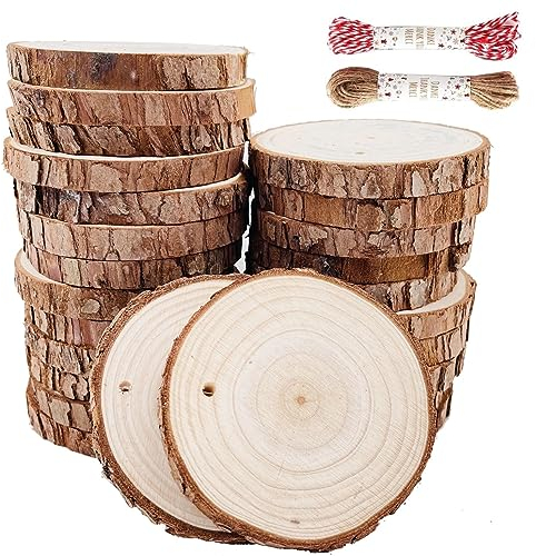 Natur Holzscheiben 30 Stück 6-7cm Baumscheiben mit Rinde Bastelholz Kit unfertig vorgebohrt mit Loch Holzkreise ideal für Kunst und Handwerk Weihnachten Ornamente DIY Hochzeit Handwer