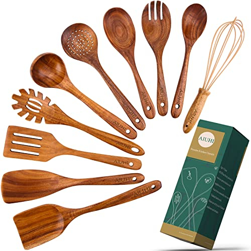 Kochutensilien aus Holz, 10 Stück, Küchenutensilien, Holzlöffel zum Kochen, Teakholz, Pfannenwender für antihaftbeschichtetes Kochgeschirr (10)