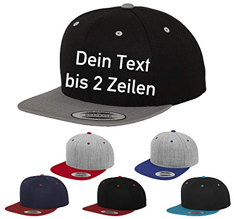 Original-Flexfit Snapback Baseball-Cap mit Namen oder Wunschtext Bestickt (Heather Grey/Royalblau)