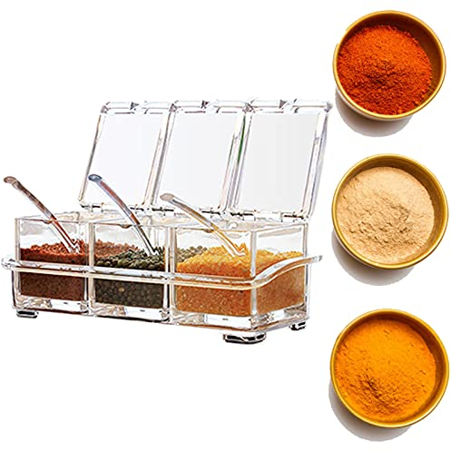 Sprießen Juego De Condimentos De AcríLico, Paquete De 3, Frasco De Condimento para Caja De Almacenamiento - Botella De Condimento con Tapa Y 3 Cucharadas, Utensilios De Cocina