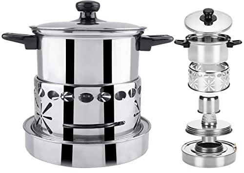 Heitune Spirituskocher mit Topf, Spirituskocher Campingkocher Set 2 types Flammig Edelstahl Hot Topf Utensilien Unmagnetischer Spiritus Ofen Geist Brenner Für Wandern Backpacking BBQ Outdoor Reise
