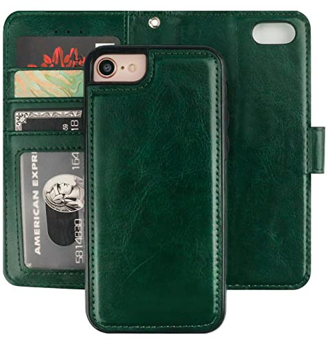Bocasal for iPhone SE (2022)/SE (2020)/8/7 Wallet Case with Card Holder PU Leather Magnetic Detachable Kickstand Shockproof Wrist Strap Removable Flip Cover for iPhone 7/8/SE2/SE3 4.7 inch (Green)