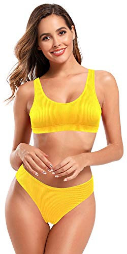 SHEKINI Damen Bikini Set Gerippte U Ausschnitt Breites Träger Bikinioberteil Zweiteiliger Badeanzug Sport Triangel Bikinihose Bademode (Gelb, S)