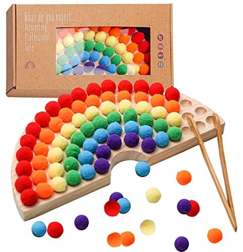 OESSUF Holz Peg Board Perlen Spiel Holz Clip Perlen Spiel Regenbogen Ball Elimination Farbklassifizierung Feinmotorik Montessori Pädagogisches Spielzeug (Regenbogenfarbe)