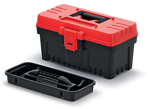 Werkzeugkoffer Werkzeugbox Werkzeugkasten mit Werkzeugtrage Ergonomischer Griff Robuster Deckel ABS Klemmverschlüsse (360 x 193 x 186 mm, Schwarz-Rot)
