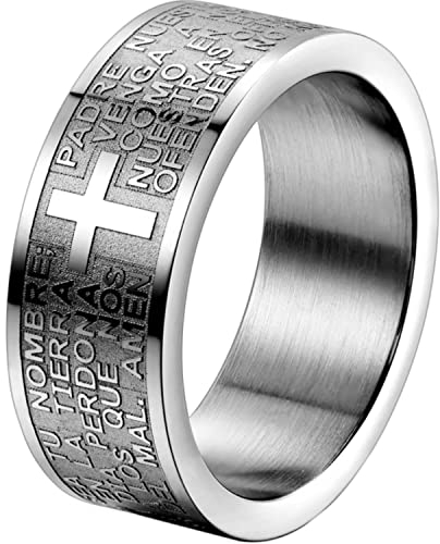 OIDEA Herren Ring Edelstahl Silber, 8mm Bibel Gebet Kreuz Biker Bandring, Größe 56(17.8)