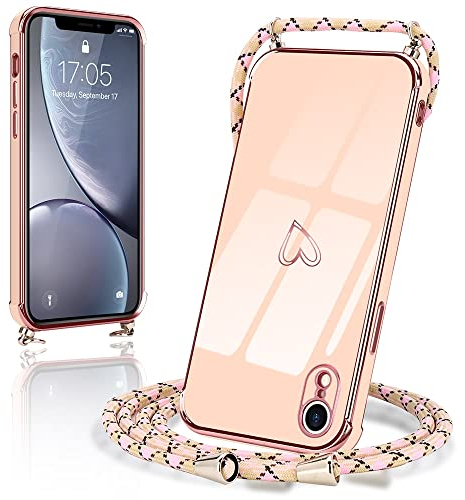 Micoden Handykette kompatibel mit iPhone Xr hülle Ultra dünn Kameraschutz Herz Love Design Galvanik TPU Silikon Bumper Kordel zum Umhängen Handyhülle mit Band Schutzhülle für iPhone Xr,Rosa