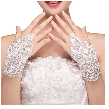 CHUANGOU Kurz Spitzenhandschuhe Damen Spitze Handschuhe Weiß Hochzeit Braut Handschuhe