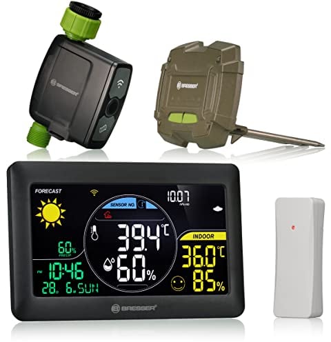 Bresser Bewässerungssystem Smart Garden inkl. Bewässerungscomputer mit WLAN, App, Bodensensor und Wetterstation für intelligente Gartenbewässerung, Schwarz
