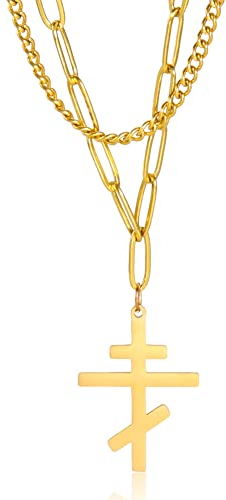 EUEAVAN Frauen zierliche doppelschichtige Edelstahl-Halskette, orthodoxe Kreuz-Anhänger-Halskette klassisches Kreuz russisch-orthodoxer Amulett-Schmuck religiöse Halskette (gold)