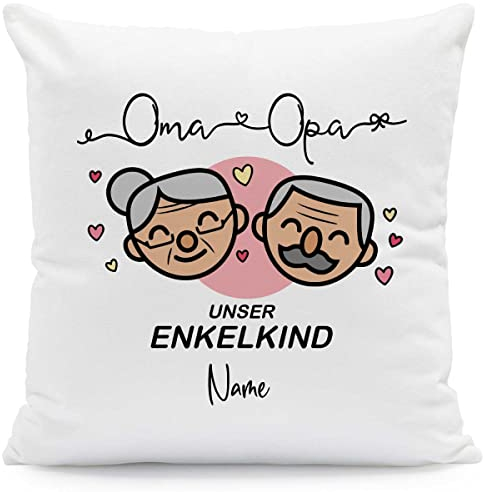 GRAVURZEILE Kissen mit Spruch - Oma & Opa Enkelkind - Personalisiert mit Name - Geschenk für Oma & Opa zum Geburtstag Weihnachten - Größe mit Füllung, Farbe Enkelkind