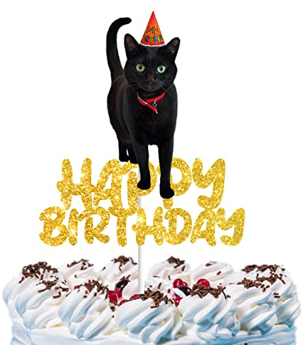 Cat Happy Birthday Cake Topper Black Cat Cake Decorations for Boys Girls Pets Cute Mewo Animal Theme Party Supplies Black Gold Glitter