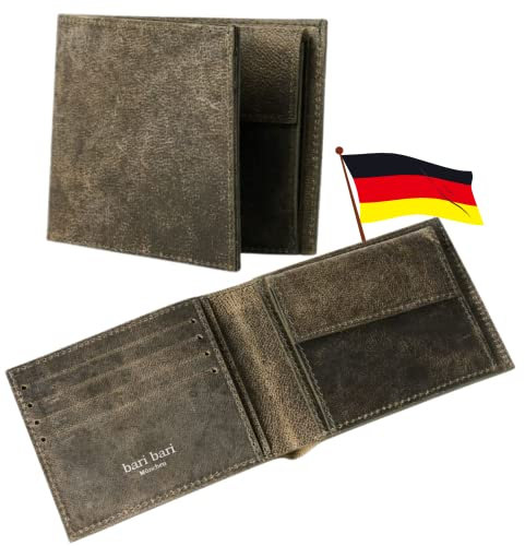 bari bari München Geldbörse Herren - Robuste Herren Geldbörse Leder mit vielen Fächern - Robustes Herren Portemonnaie aus Kamelleder - Edle Geldtasche aus Deutschland (Wendel der Große, Grau)