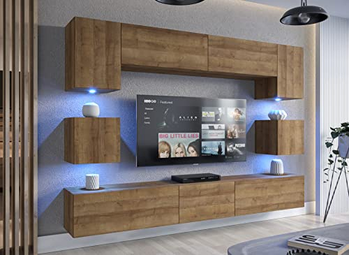 Furnitech Wohnwand Wohnzimmer Möbel (Goldene Eiche) mit LED Weiß - Hängend Wohnzimmerwand Modern - Schrankwand mit Regale und TV Schrank (Nowara AN1-17DZ-M4 1C)