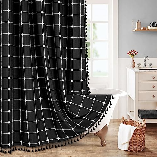 MitoVilla Schwarzer Boho-Duschvorhang, extra lang, 183x213 cm, modernes Bauernhaus, 213.4 cm, XL, Baumwoll-Leinentextur, Quaste, Duschvorhang-Set mit Haken für Cottagecore, Landhaus-Badezimmer-Dekor