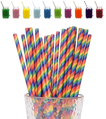 ATBEAMEN Rainbow Stripes Drinking Straws - 100 Pack Biodegradable Paper Straws for Drinks, Parties & Everyday Use