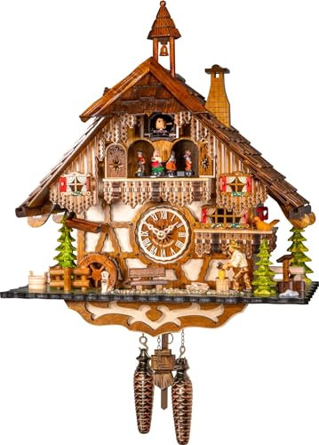 Engstler Quarz Kuckucksuhr Schwarzwaldhaus mit beweglichem Holzhacker und Mühlrad, mit Musik