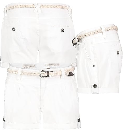 Eight 2 Nine Damen Short Bermuda Kurze Hose Sommer Chino Stoff Hotpants mit Gürtel, Hosengröße:S / 36, Farbe:Weiß