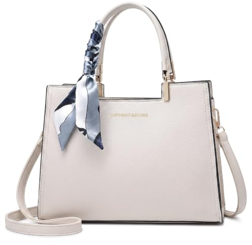 FOLOVEYA Damen Handtasche Elegant, Henkeltasche Mittelgroß PU Leder Taschen für Damen, Umhängetasche mit Dekorativem Band für Arbeit und Alltag Beige Weiß