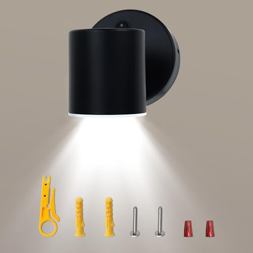 CHEVVY 6W LED Luce da Parete Interni Ruotabile 350° Pulsante Parete Spot Luce Bianca Fredda Faretto da Parete Nero Opaco per Soggiorno Camera da Letto-con Strumento di Spelatura