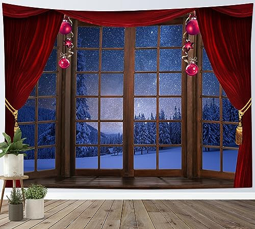 LB Wandteppich Winterwald Wandtuch Bäume unter der Blauen Galaxie Wandbehang Weihnachtskugel auf Fenstervorhang Tapisserie für Wohnzimmer Schlafzimmer Wohnheim Wanddeko,200Bx150H cm