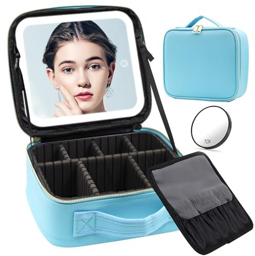 Borsa per trucco da viaggio Borsa cosmetica Borsa organizer per trucco con grande specchio illuminato 3 modalità di colore Luminosità regolabile, custodia da viaggio in pelle PU impermeabile Custodia