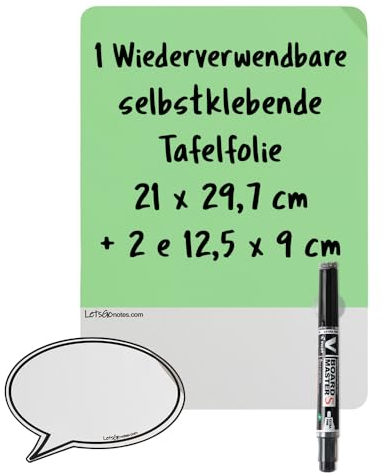 LETSGONOTES A4 Grün, Tafelfolie Selbstklebend + Folienstift Abwischbar + 2 Sticky Notes. Kleben/Lösen Überall Ohne Papier